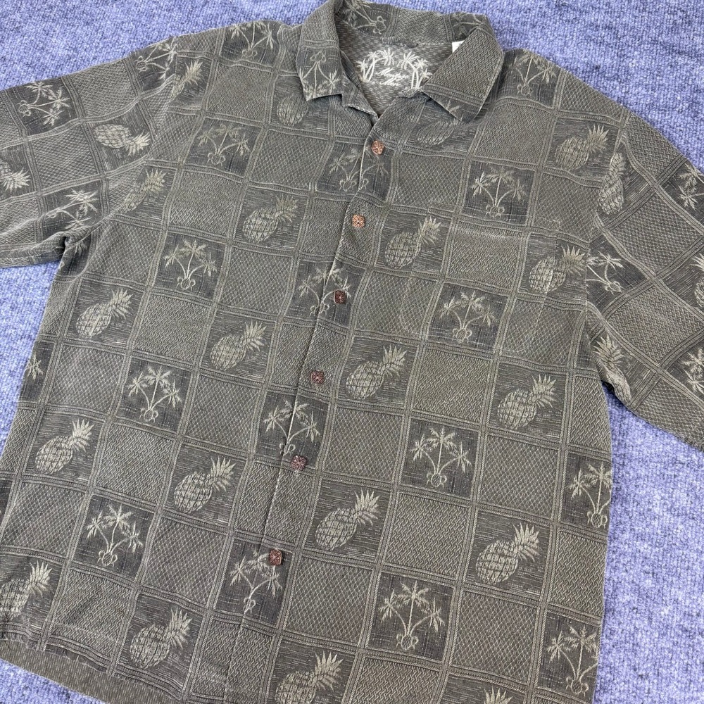 Montego Mon 100% Silk Hawaiian Pineapple Palm Tree Short‎ Sleeve Button Up Shirt